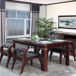 双叶家具现代中式实木餐桌钢化玻璃面板两侧抽屉4人6人长方形饭桌