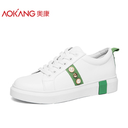 奥康旗舰店官方2018年春新款厚底珍珠装饰小白鞋潮平底女鞋小皮鞋