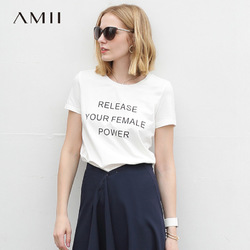 Amii极简欧洲站短袖白T恤女2018夏装新款潮字母印花宽松圆领上衣