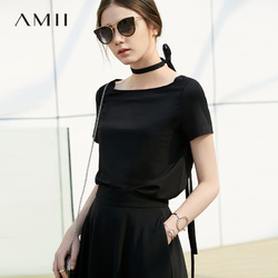 Amii韩范ins一字领t恤短袖女夏装2018新款黑白打底百搭小心机上衣