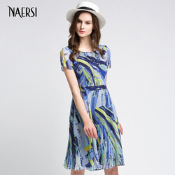 NAERSI/娜尔思品牌女装夏季新款 圆领短袖显瘦修身印花雪纺连衣裙