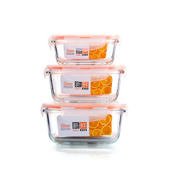 三件套龙士达密封长方形玻璃保鲜盒圆形饭盒套装大容量水果便当盒