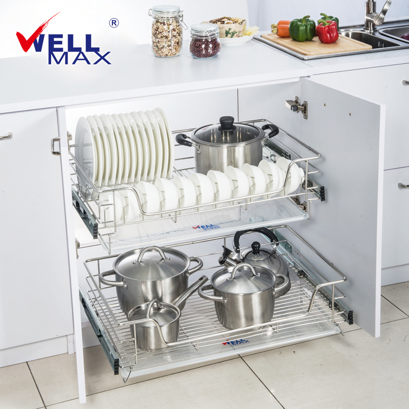 威万事/wellmax不锈钢厨房拉篮 开门式四边橱柜拉篮双层碗盘篮