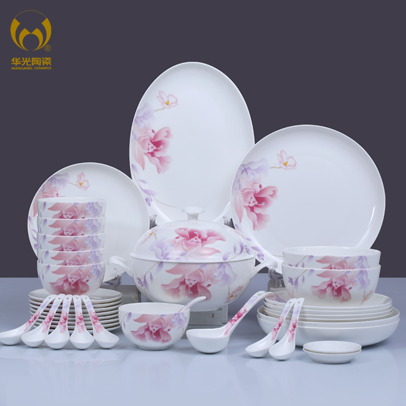 华光陶瓷 56头骨质瓷餐具套装 花好月圆 釉中彩中式家用盘子碗碟