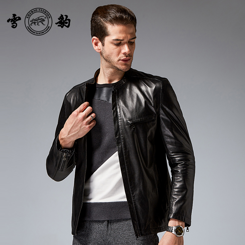 雪豹男装皮衣 海宁真皮山羊皮夹克短款修身机车服 立领外套47783