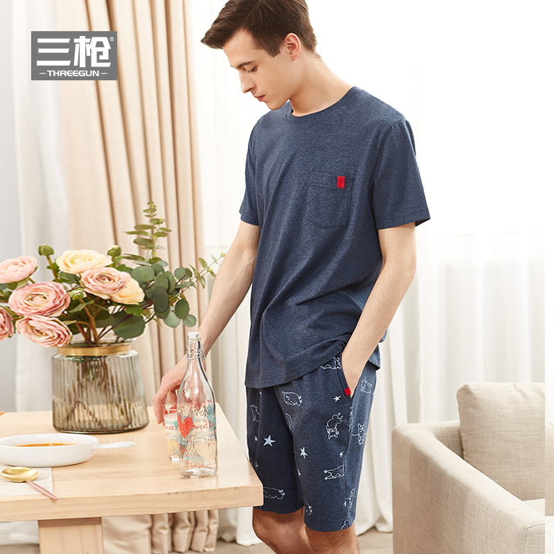三枪睡衣男2018夏季新品棉质花灰圆领居家短袖短裤男士家居服套装