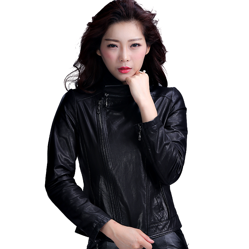 Dongming2016秋冬新款立领夹克修身短款绵羊皮机车外套真皮皮衣女