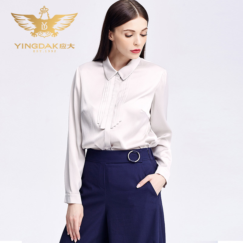 YINGDAK/应大2018夏款通勤拼接衬衫女长袖职业单排扣衬衣303064