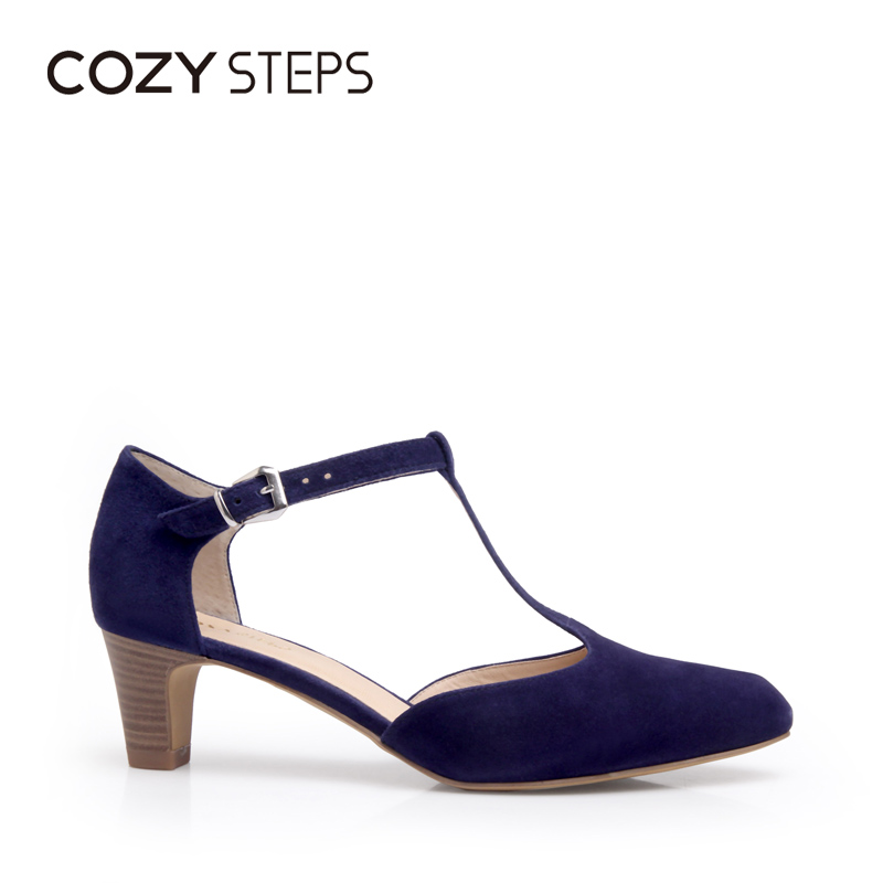 COZY STEPS羊反绒尖头丁字扣包头凉鞋女中跟粗跟浅口单鞋女6B037