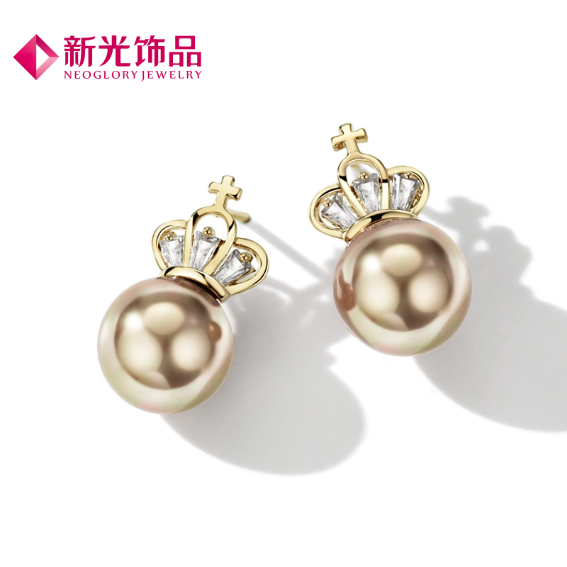 新光饰品春夏欧美简约耳环S925银针耳钉圆珠吊坠耳饰皇冠造型饰品