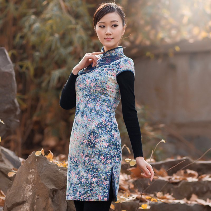 陶玉梅春秋旗袍牛仔绣花田园淑女小碎花夹棉改良旗袍短款连衣裙女
