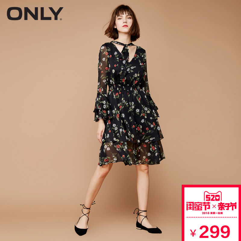 【满400减40】ONLY夏季新款波西米亚雪纺碎花连衣裙女|117307622