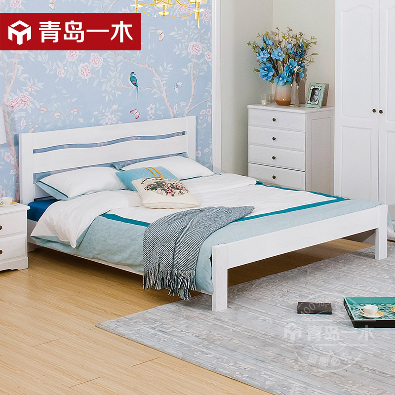 青岛一木 欧式田园双人床 全实木床1.8橡木床1.5 简约白色韩式床