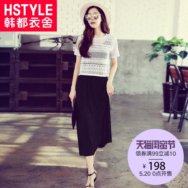 韩都衣舍2018夏装新款女装韩版两件套蕾丝短袖连衣裙JM5105蒖