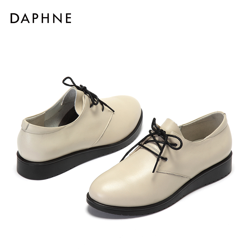 Daphne/达芙妮春夏休闲舒适牛皮单鞋 简约圆头系带平底女鞋