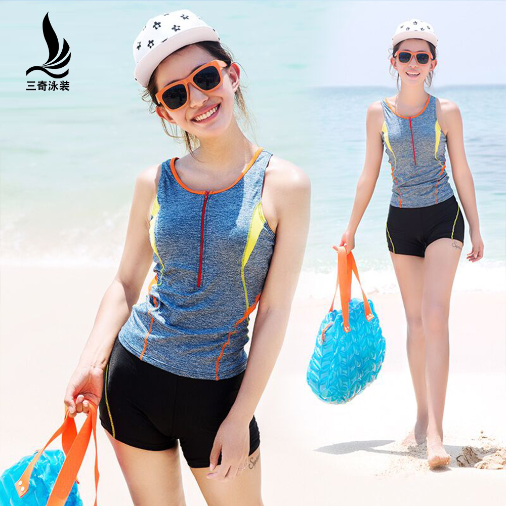 三奇泳衣女分体平角裤小胸聚拢保守显瘦遮肚学生温泉运动大码泳装