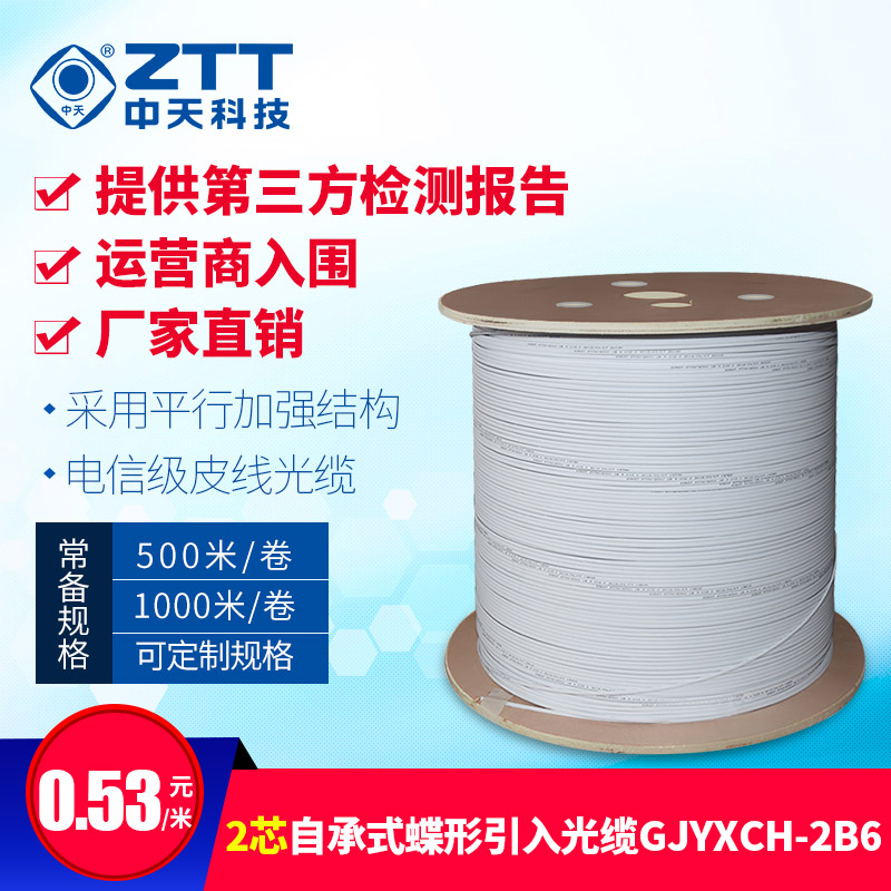 中天科技FTTH入户皮线光纤2芯三钢丝室内外蝶形光缆GJYXCH-2B6