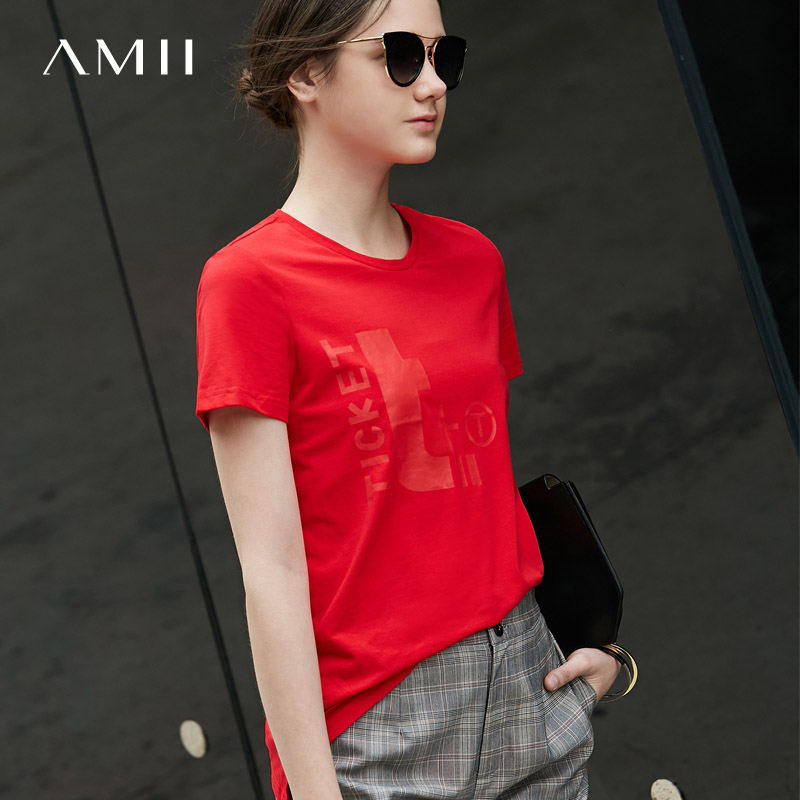 Amii极简港味chic欧洲站印花T恤女2018夏装新款显瘦圆领短袖上衣
