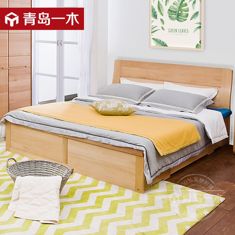 青岛一木实木床 1.8米双人床 榉木简约箱体床 储物高箱大床