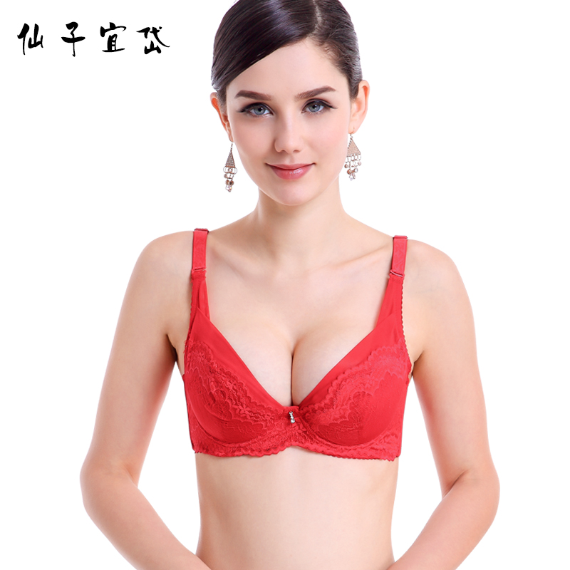 仙子宜岱红色女士性感蕾丝舒适内衣薄款透气薄模杯聚拢调整型文胸