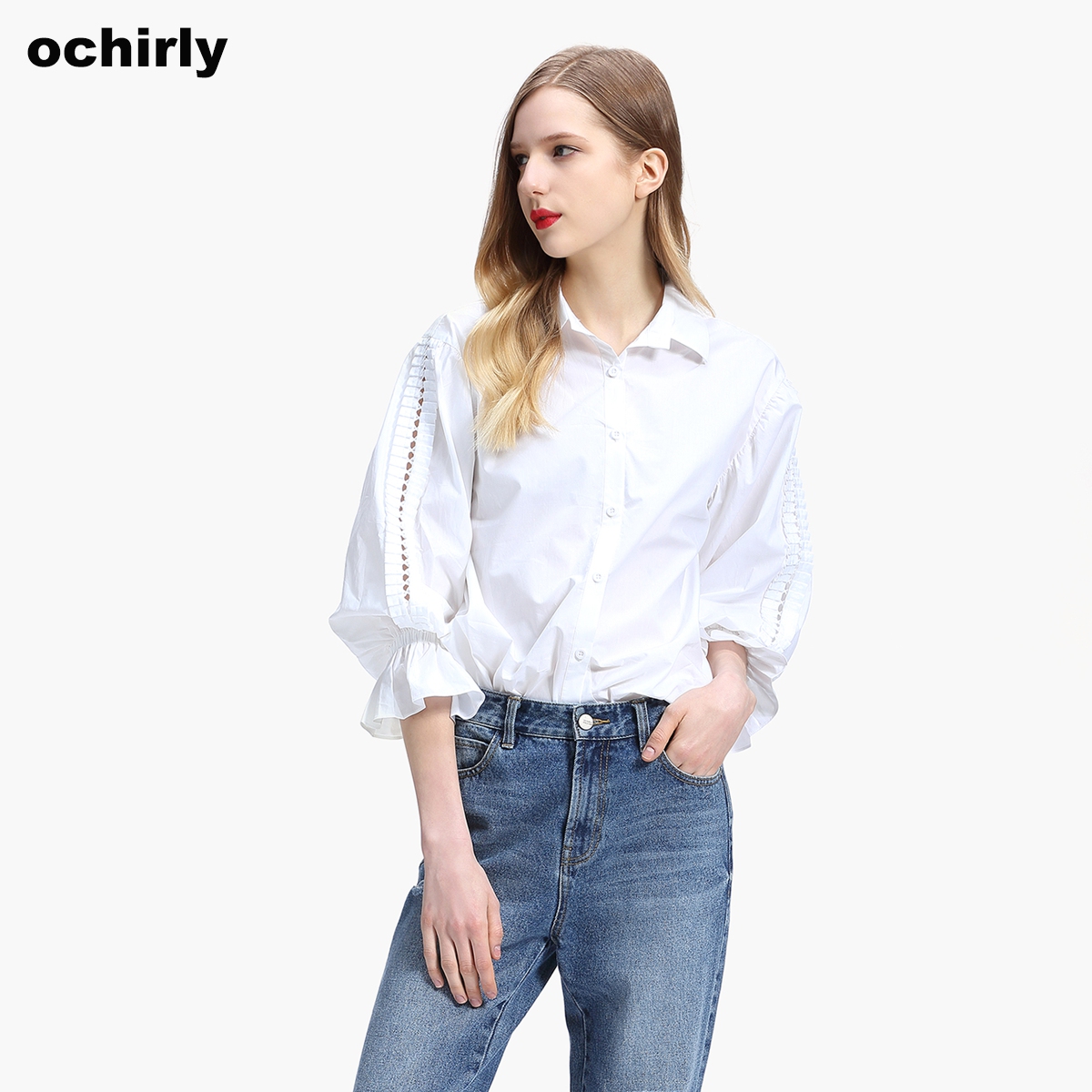 ochirly欧时力2018新女春装纯色镂空褶皱荷叶长袖衬衫1GZ1013020