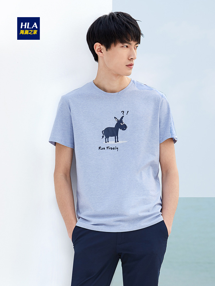 HLA/海澜之家简约动物印花短袖T恤2018夏季新品微弹舒适短T男